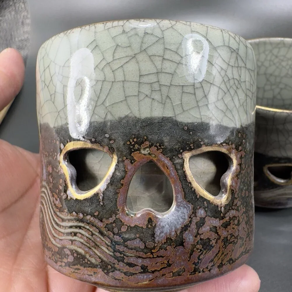 Otagiri SomaWare Gold Horse Cup Tumbler Porcelain Obori Crackled Glaze Set2 Cups